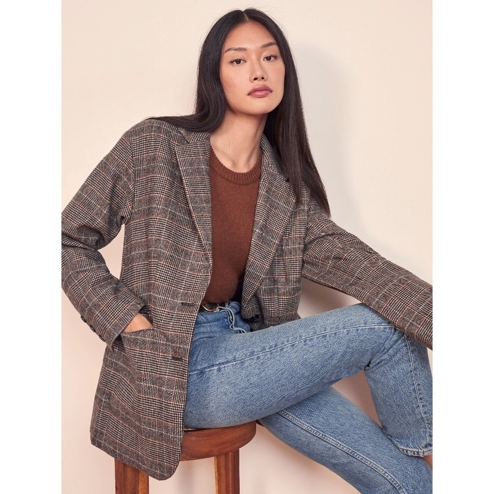 Reformation Broadfield Oversized Plaid Blazer XS Grey Glen Check Wool Jacket